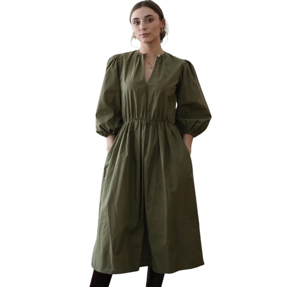 Mille Saffron Dress Women Medium Green Olive Puff Sleeve Cotton Midi Poplin New